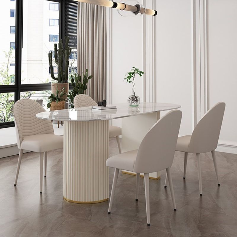 Modern Oval Dining Table Stone and Metal Double Pedestal Dining Table in White