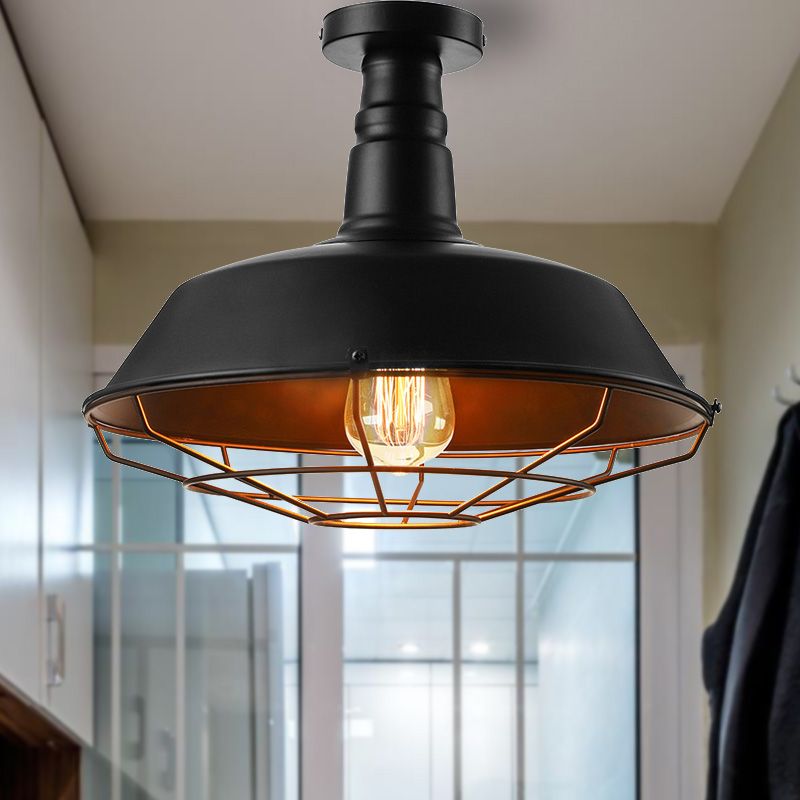 Plafonnier cage noire en métal de style vintage, éclairage d'intérieur semi-encastré à 1 tête avec abat-jour de grange, 10"/14"/18" W