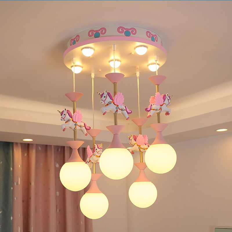 Resin Merry-Go-Round Multi Light Pendant Lighting Creative Drop Pendant with Unicorn Figurine for Bedroom