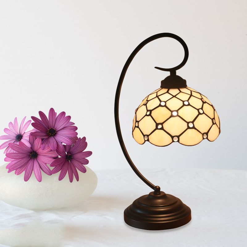 Bronze Bowl Night Table Lamp Tiffany 1 Head Beige/White Glass Clear/Blue/Green Beaded Patterned Desk Light with Swirl Arm