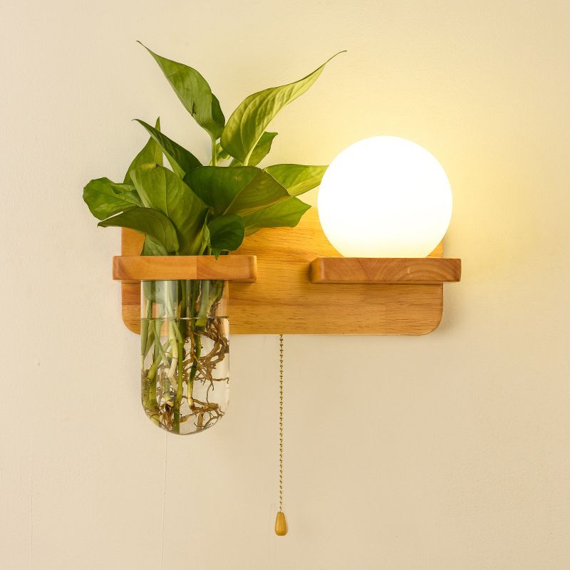 Modern Style Ball Shade Wall Light Wood 1 Light Sconces for Bedroom without Plant