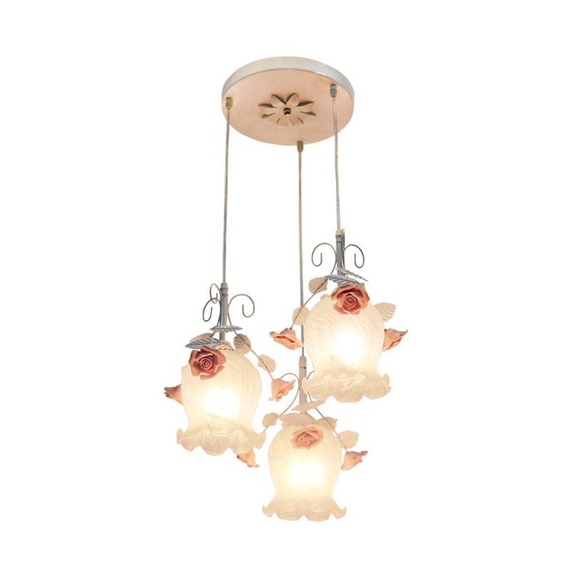 Flower Restaurant Cluster Pendant Light Countryside Opal Glass 3 Heads White/Green Hanging Lamp