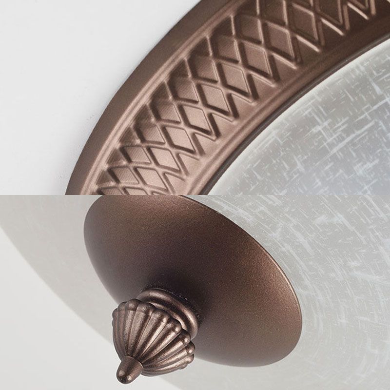 Brown Bowl Ceiling Fixture in Traditional Creative Style Wrought Iron Flush Mount with Glass Shade