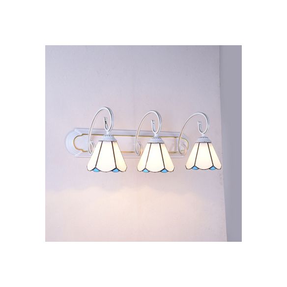 3 Heads Wall Mount Light Tiffany Cone White/Blue Glass Vanity Sconce Light for Bathroom
