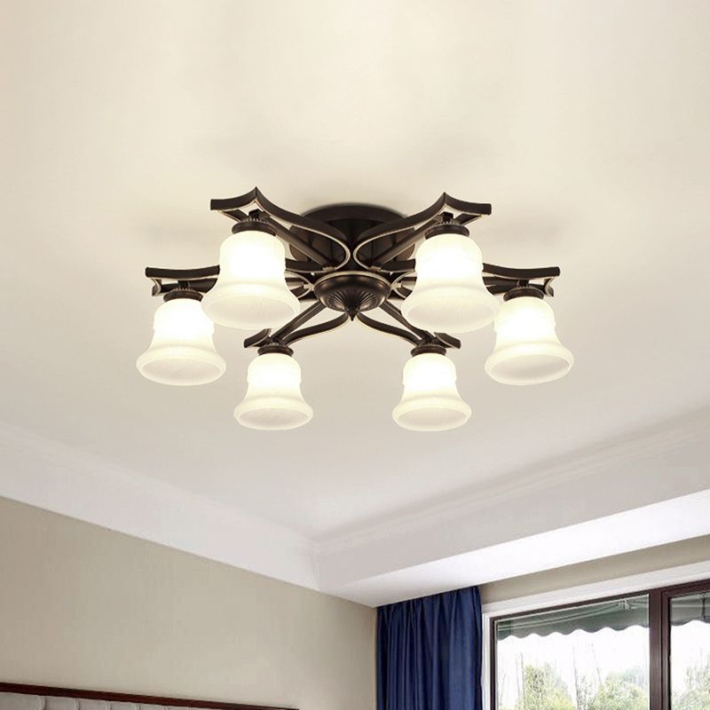 6 Bulbs Ceiling Mounted Fixture Vintage Bell Milk White Glass Flushmount Lighting in Black