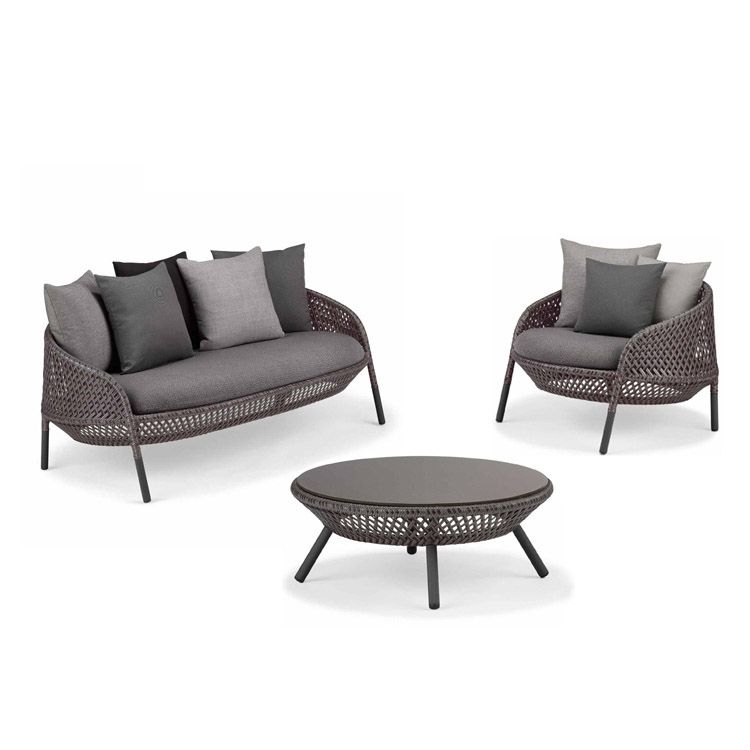 Gray Cushion Patio Sofa Tropical Metal Frame Outdoor Patio Sofa with Pillows