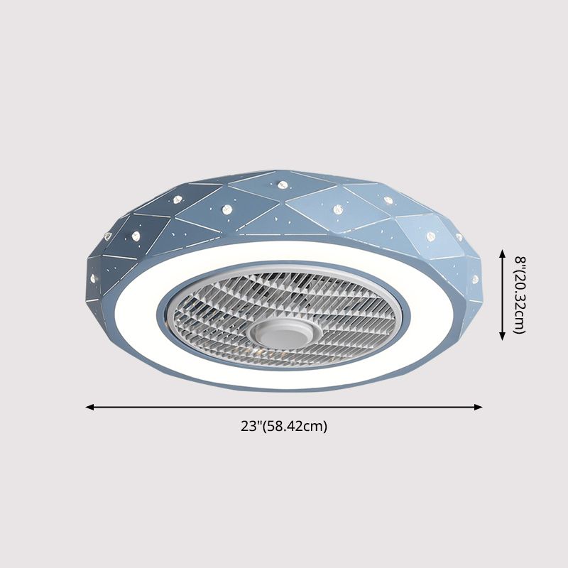 Macaron Drum Shaped Ceiling Fan Metal Child Bedroom LED Semi Flush Light