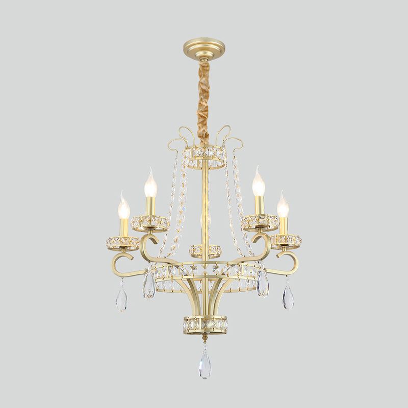 Candle Crystal Tranendops Kroonluchter Traditionele 5 bollen eetkamer ophanging licht in goud