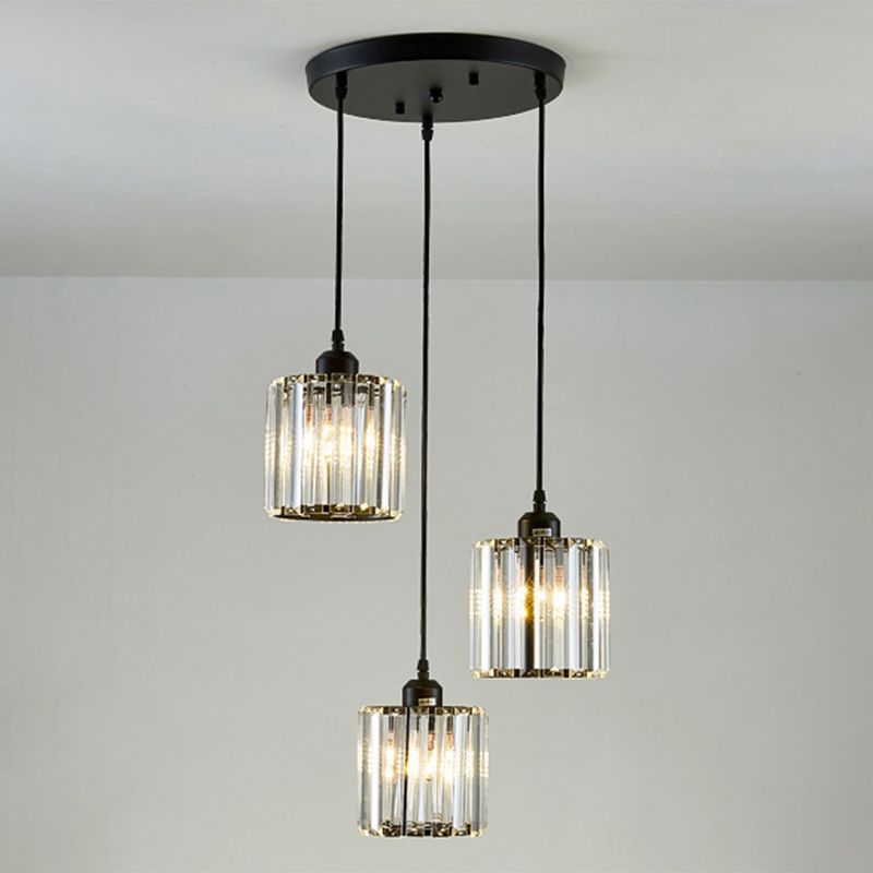 Modern Pendant Lighting Fixture Black Cylindrical Suspension Light with Crystal Shade