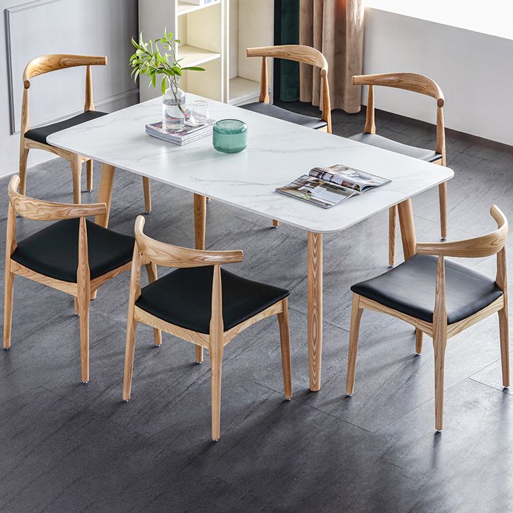 Mesa de comedor contemporánea rectángulo Mesa de piedra sinterizada blanca con base de madera maciza de cenizas
