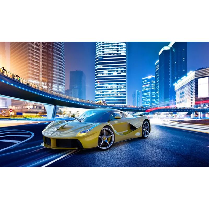 Photography Car and City Mural in Blue and Yellow Non-Woven Wall Covering for Home Decoration, Made to Measure