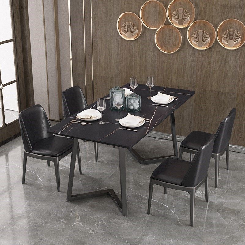 Modern Rectangle Stone Table for Restaurant Balck Metal Pedestal Dining Table