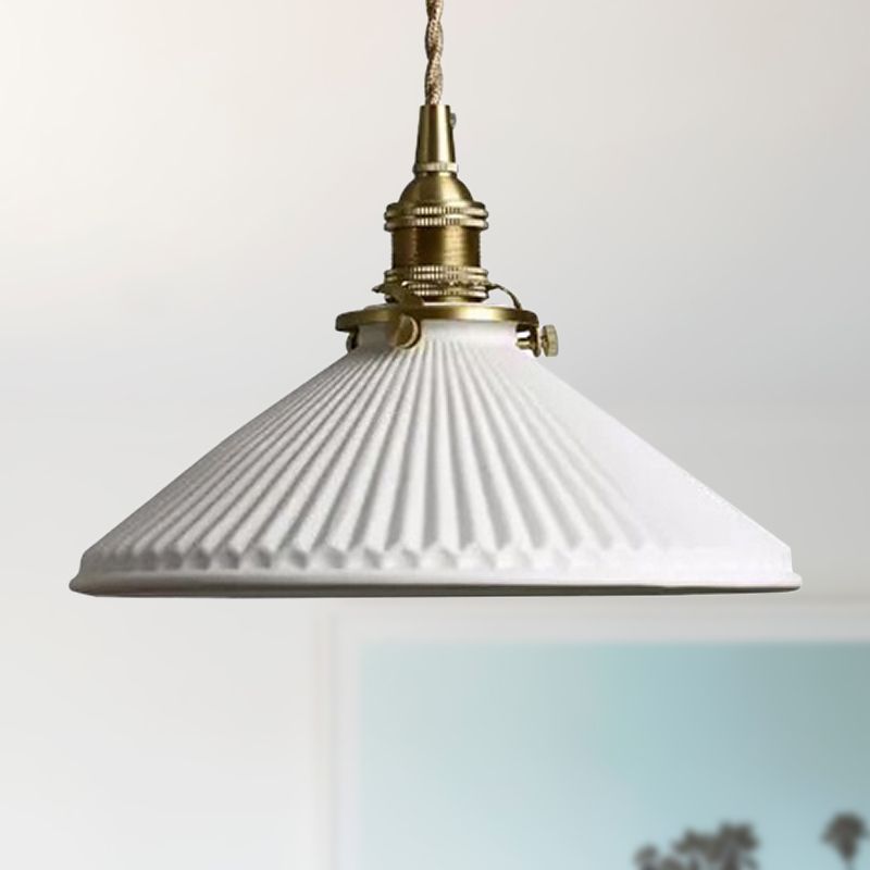 Stile industriale Luce a sospensione conica con design a coste 1 Light Ceramics lampada appesa in bianco