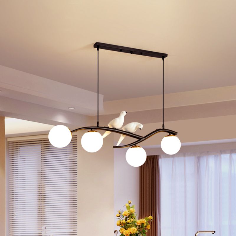 Milk White/Smoke Grey Glass Globe Chandelier Light Minimal 4 Lights Suspension Pendant Light in Black/Gold with Birds Deco