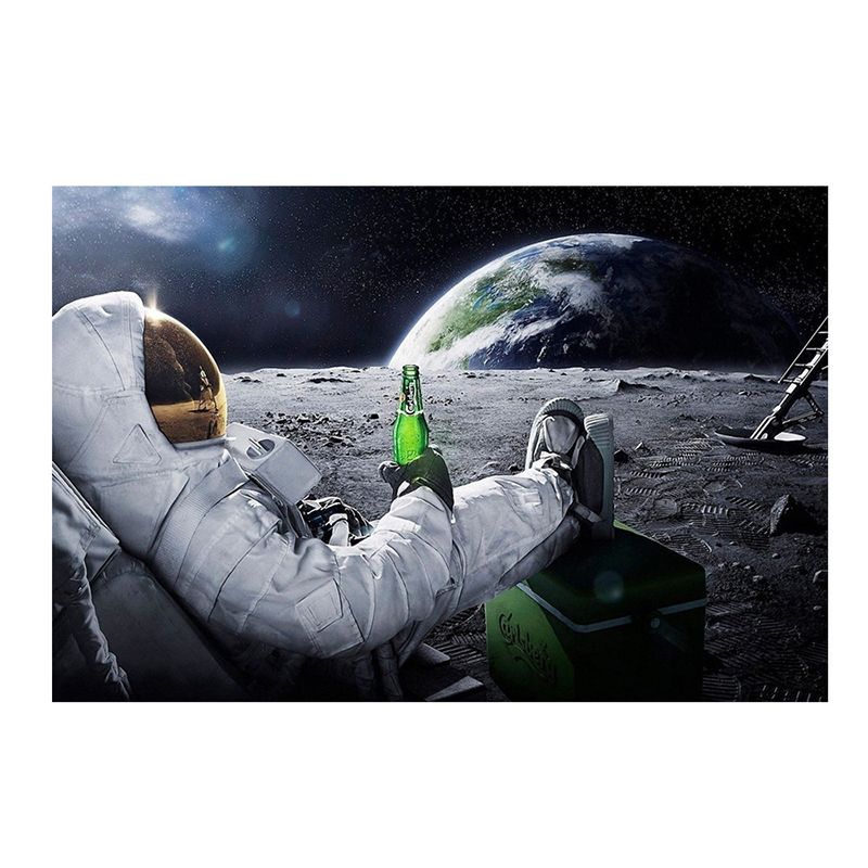 White Kids Wall Decor Astronaut Drinking Wine on Planet Canvas Art for Living Room