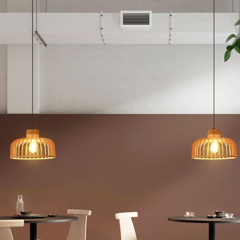 Cage Shaped Wooden Pendant Minimalism 1 Bulb Beige Suspension Lighting for Restaurant
