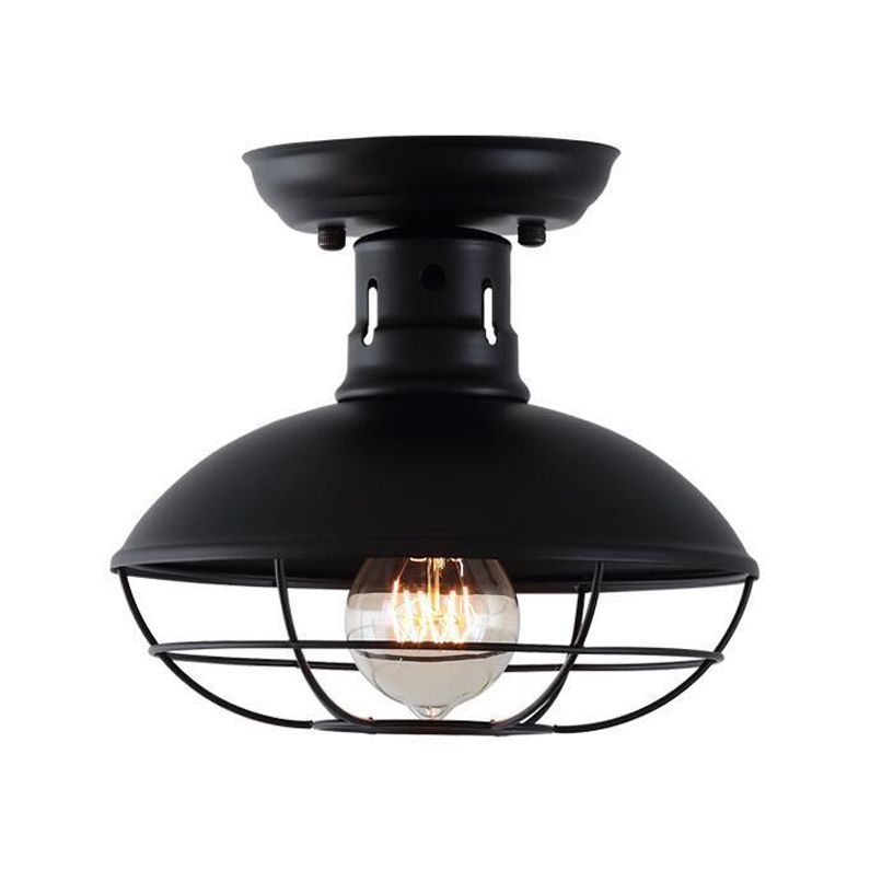 Black Shaded Semi Flush Light Fixture Industrial Metal Aisle Ceiling Light