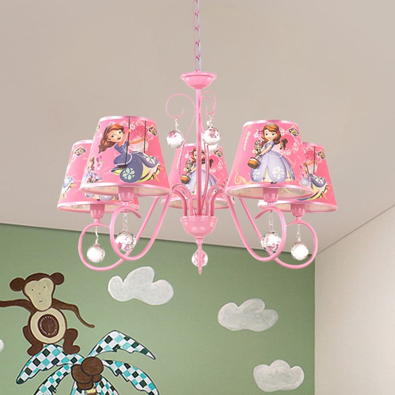 5/6 Bulbs Nursery Ceiling Chandelier Kids White/Pink Pendant Light Fixture with Bucket Fabric Shade