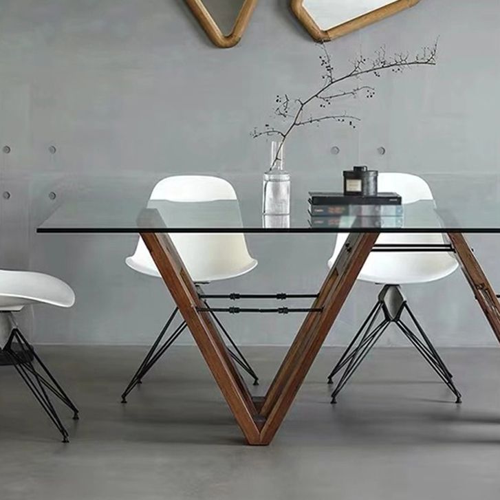 Solid Wood Contemporary Rectangle Dining Table Glass Top Table for Dining Room