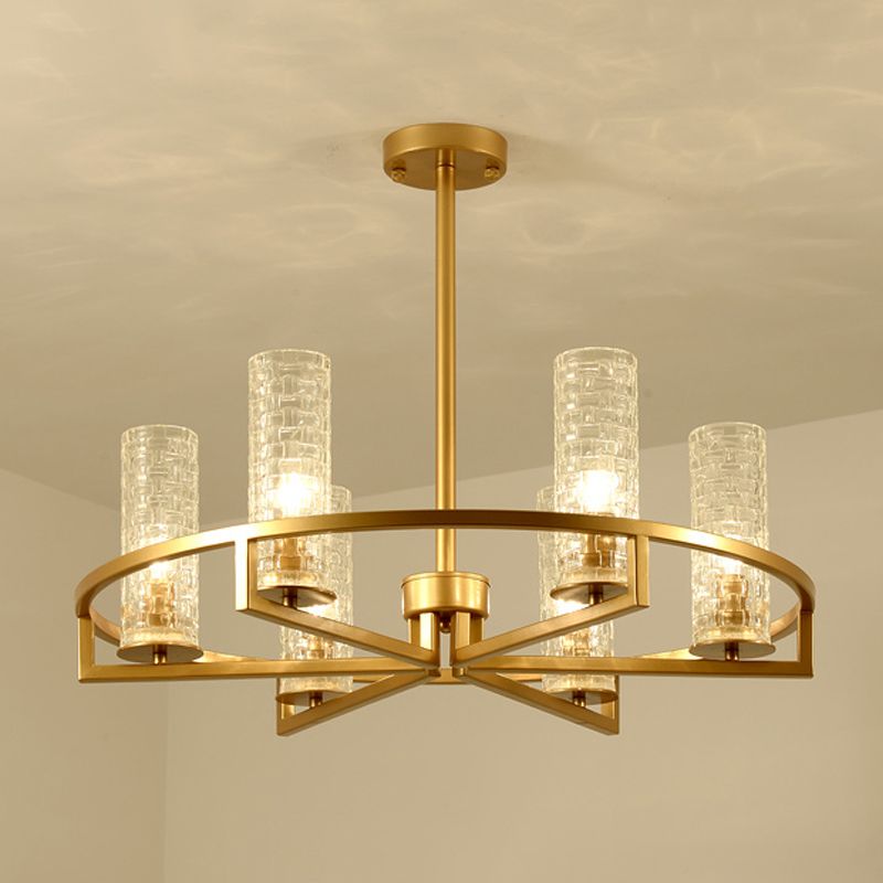 Goldzylinder Kronleuchterlampe Traditionelles klares geripptes Glas 6/8/10 Lichter Wohnzimmer Hanges Licht mit Raddesign