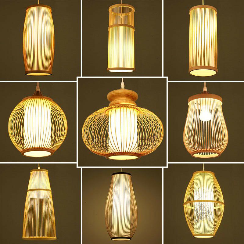 Handcrafted Ceiling Light Chinese Style Bamboo Single Restaurant Hanging Pendant Light in Wood