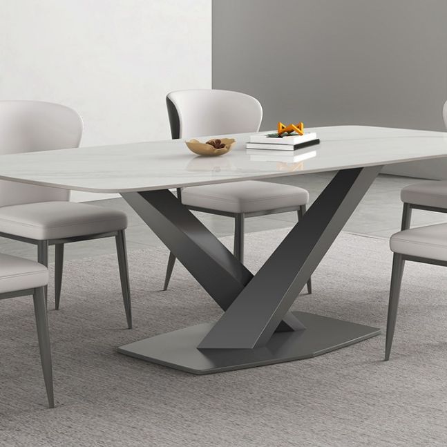 White Stone Top Dining Table Rectangular Tabletop with Metal Pedestal Base
