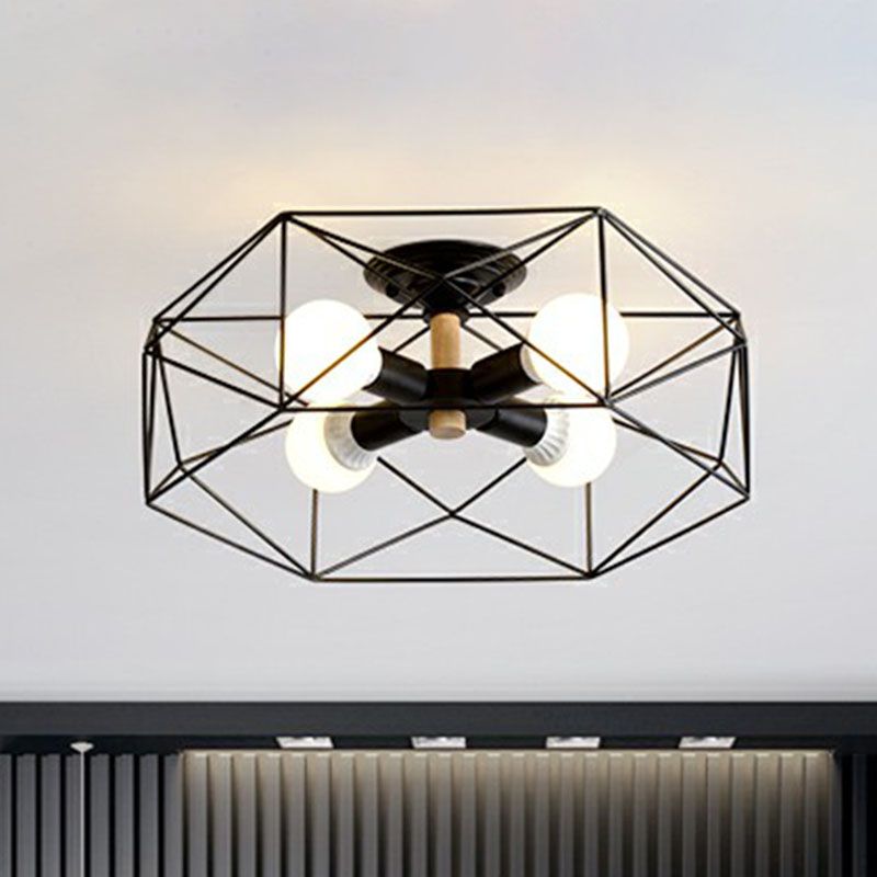 Industrial Fan Cage Semi Flush Mount Iron Flushmount Ceiling Light for Living Room