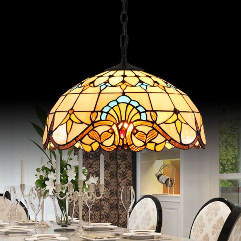 Tiffany-Style Dome Ceiling Light 1-Light Stained Glass Hanging Pendant Light for Restaurant