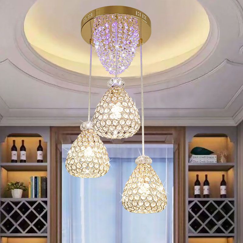 Modernism Teardrop Inserted Crystal Ceiling Lamp 3 Heads Cluster Pendant Light in Gold