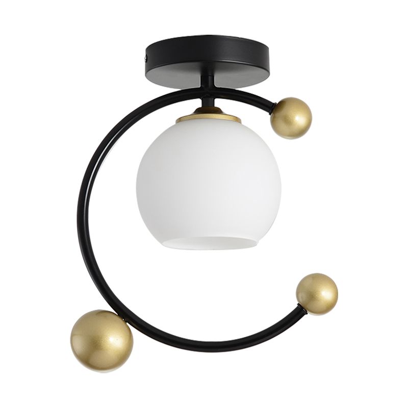 Sphère en verre blanc semi-encastré moderniste 1 lumière noir semi-encastré avec anneau en fer, 10"/12" de large