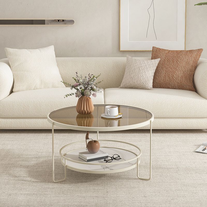 3 Legs Round Cocktail Table Glass Top Coffee Table with Shelf