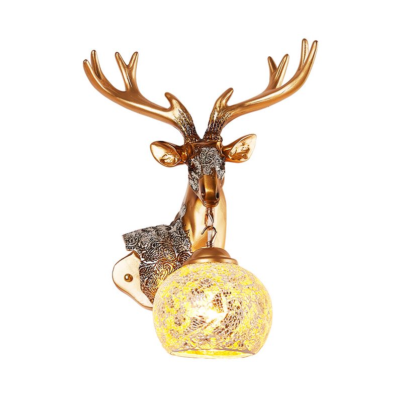 1 Light Wall Lamp Classic Deer Head Resin Sconce Light Fixture in Gold for Bedroom with Orb Glass Shade, Right/Left
