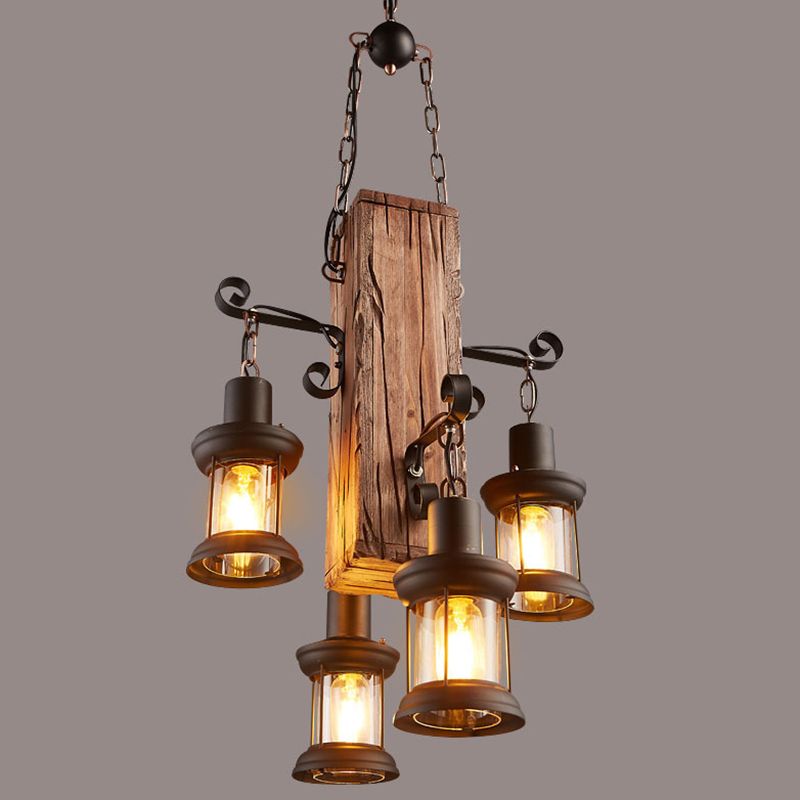 Cuboid Restaurant Chandelier Light Fixture Coastal Wood Beige Ceiling Hanging Light Fixture