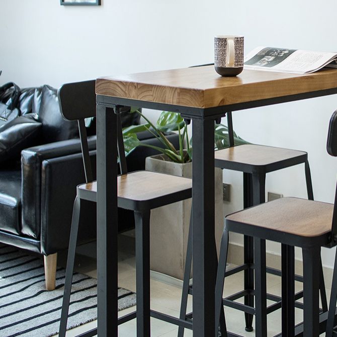 Modern Rectangle Bar Dining Table Wood Trestle Bar Height Pub Table with Iron Base