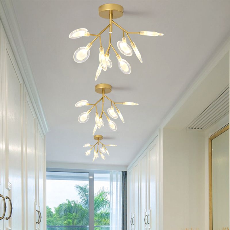 Contemporary 9 Heads Ceiling Lamp Gold Leaf Semi Flush Mount Light with Acrylic Shade for Porch