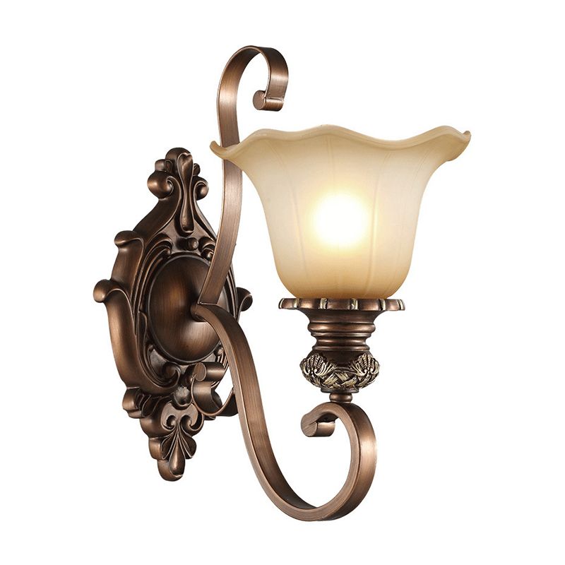 Frosted Glass Floral Shade Wall Light Classic Living Room Wall Lighting Fixture in Brown
