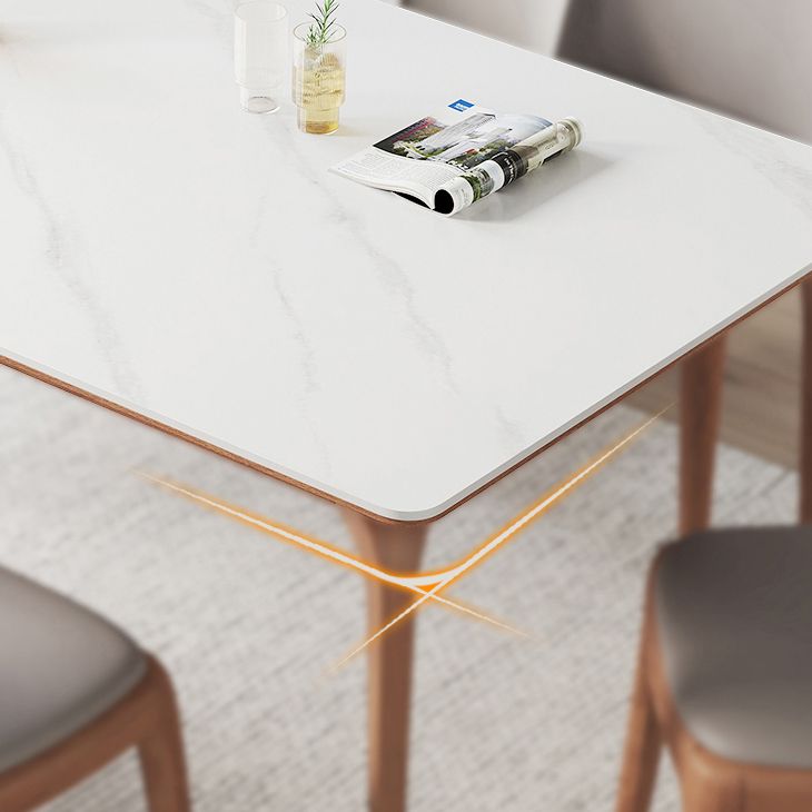 Modern Rectangular White Stone Top Dining Table with 4 Walnut Legs