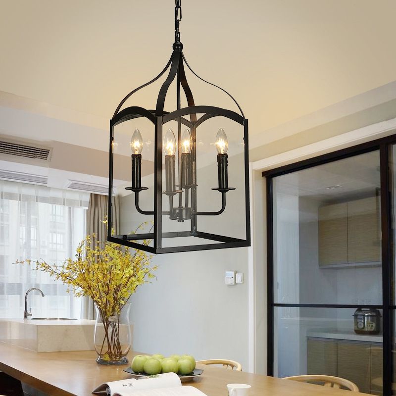 Wire Cage Indoor Chandelier Pendant Light Industrial Style Metal 4 Heads Black Hanging Lamp with Glass Panes