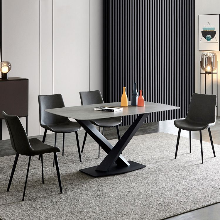 Modern Sintered Stone Gray Dining Set with Rectangle Tabale and Metal Base Dining Set