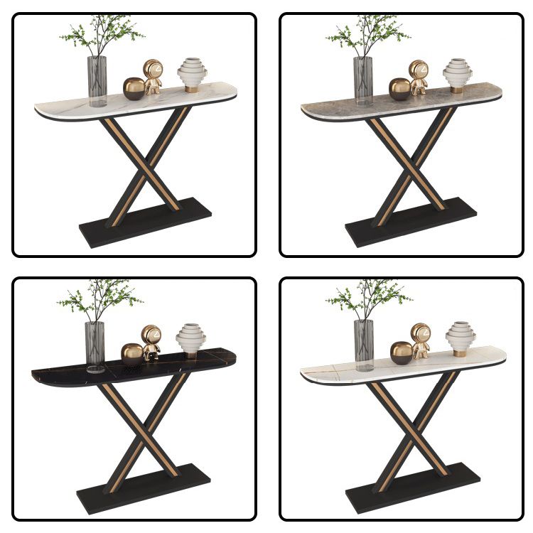 Half Moon Stone Top Accent Table with Black Iron Pedestal Base