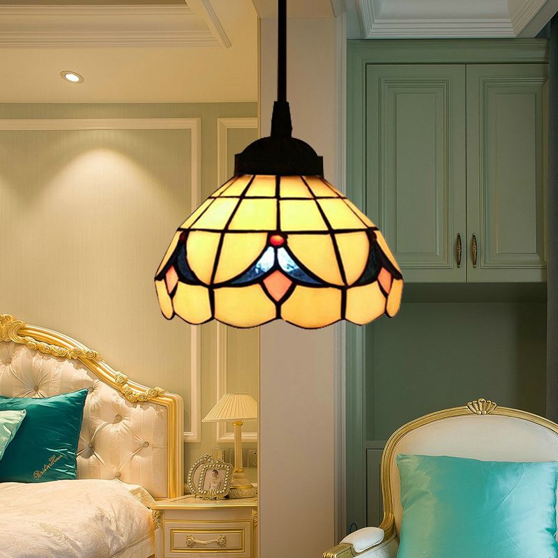 Flower Hanging Light Fixture Tiffany Cut Glass 1 Light Beige Suspension Pendant for Bedroom