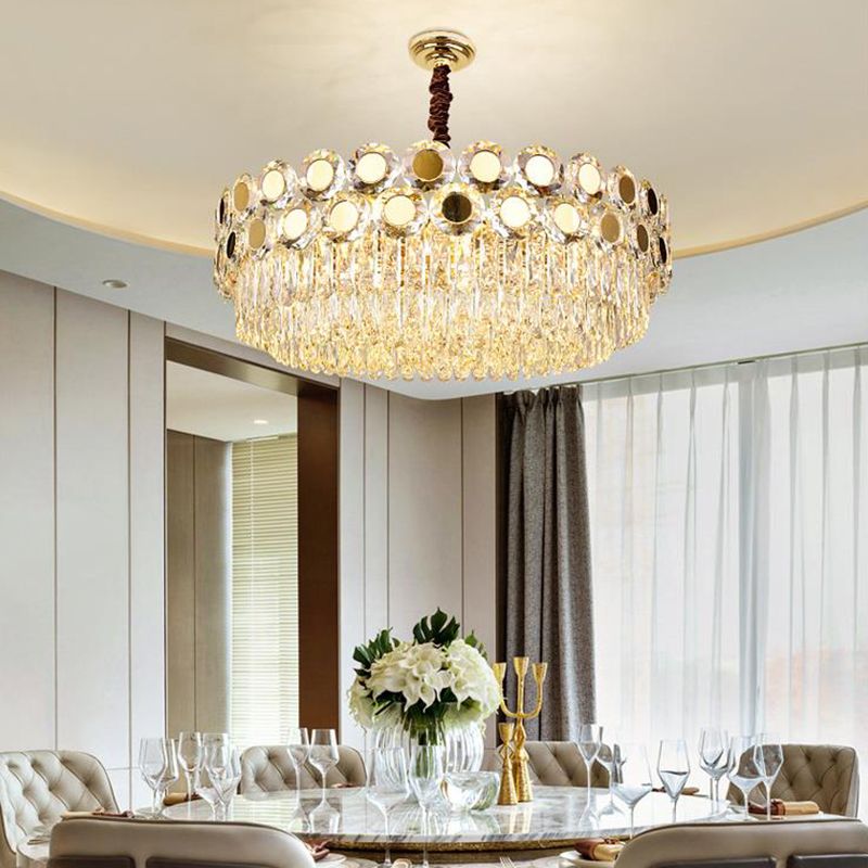 Drum Faceted Crystal Hanging Chandelier Contemporary 9 Heads Brass Ceiling Pendant Light