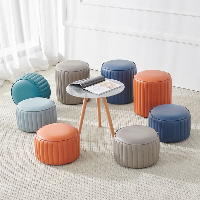 Contemporary Water Resistant Pouf Round Orange Leather Ottoman