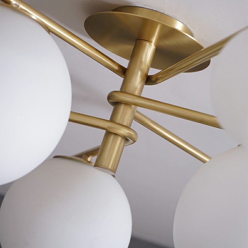 Simplicity 6-Light Semi Flush Mount Lamp Gold Sputnik Ceiling Light with Ball White Glass Shade
