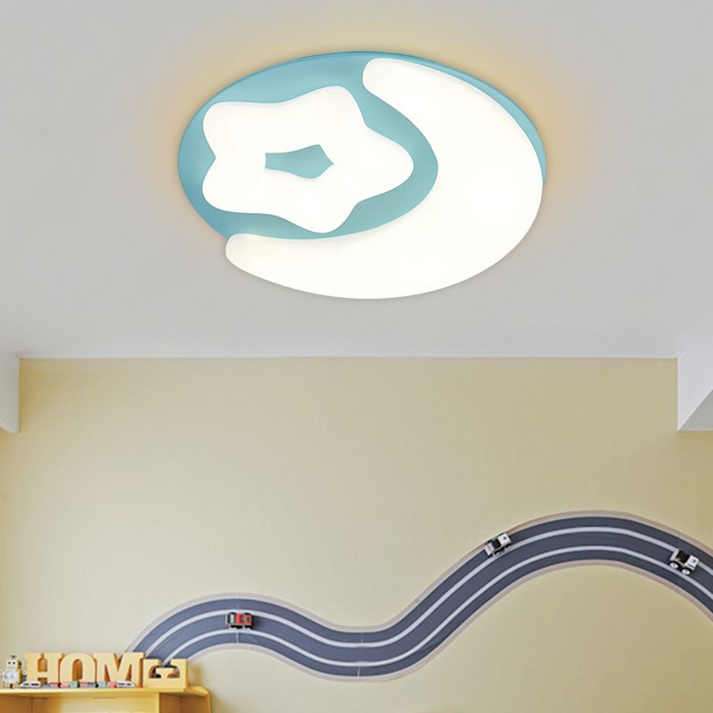 Minimalism Moon and Star Acrylic Flush Mount LED Close to Ceiling Lighting in Pink/Green/Grey for Bedroom