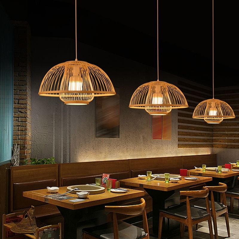 Beige Bamboo Hanging Light Fixture Asian 1-Light Suspension Pendant Light for Restaurant