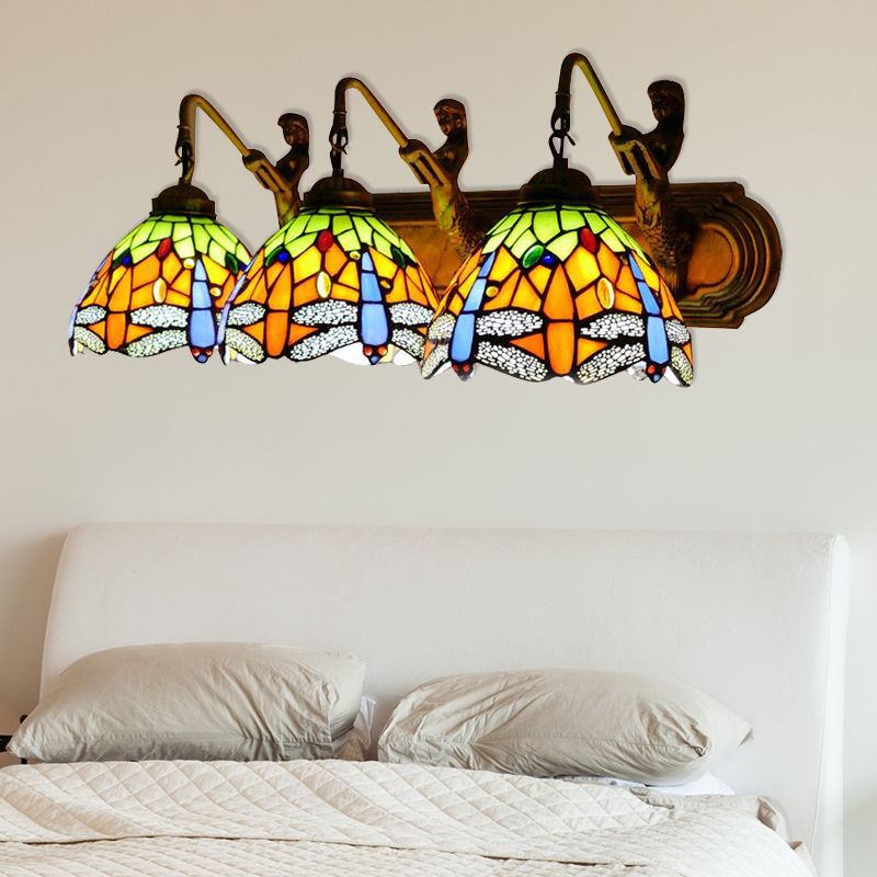 Dragonfly Wall Mount Light 3 Heads Orange Glass Baroque Sconce Lighting for Bedroom