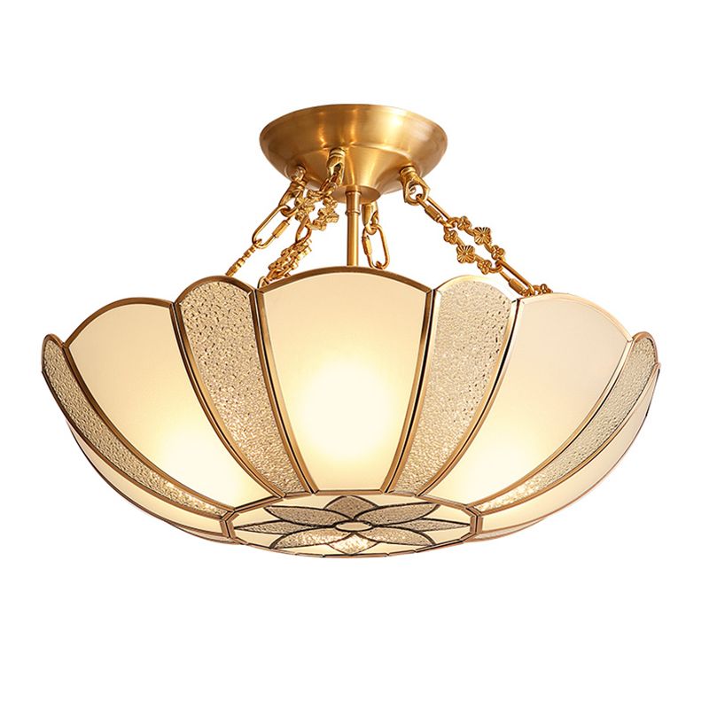 Inverted Bedroom Semi Flush Mount Light Vintage Glass Brass Ceiling Lighting
