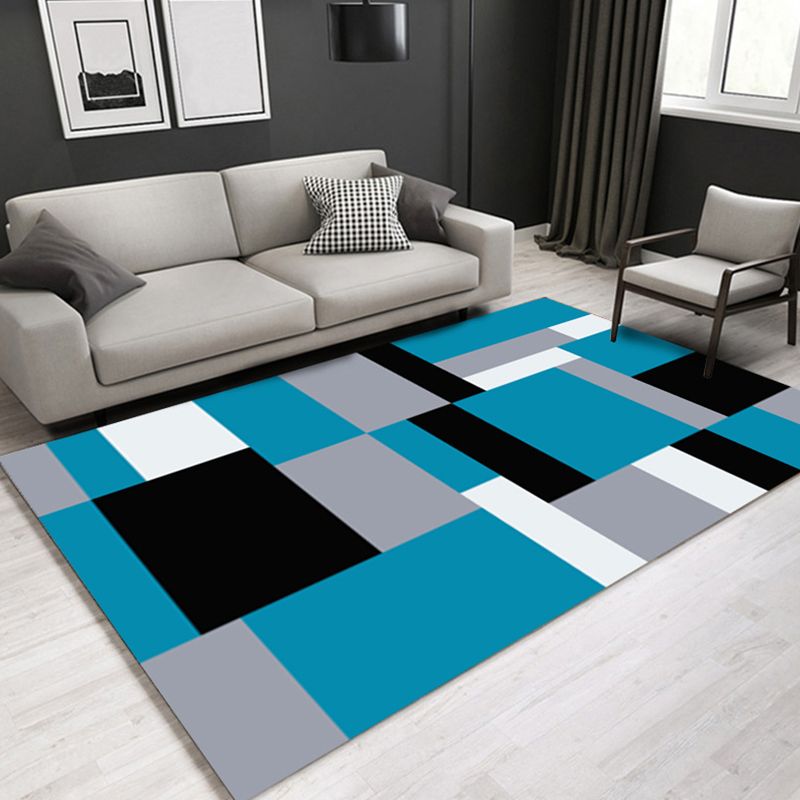 Blue Modern Area Rug Geometric Pattern Polyester Area Carpet Easy Care Washable Rug for Home Decor
