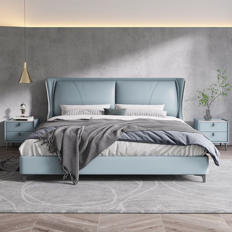 Modern Genuine Leather Panel Bed Pine Wood Bed with Upholstered Headboard